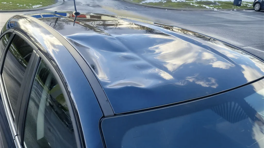 Auto zaparkované u domu, na střeše sněhová čepice a nad vozidlem visí dlouhé rampouchy ze střechy